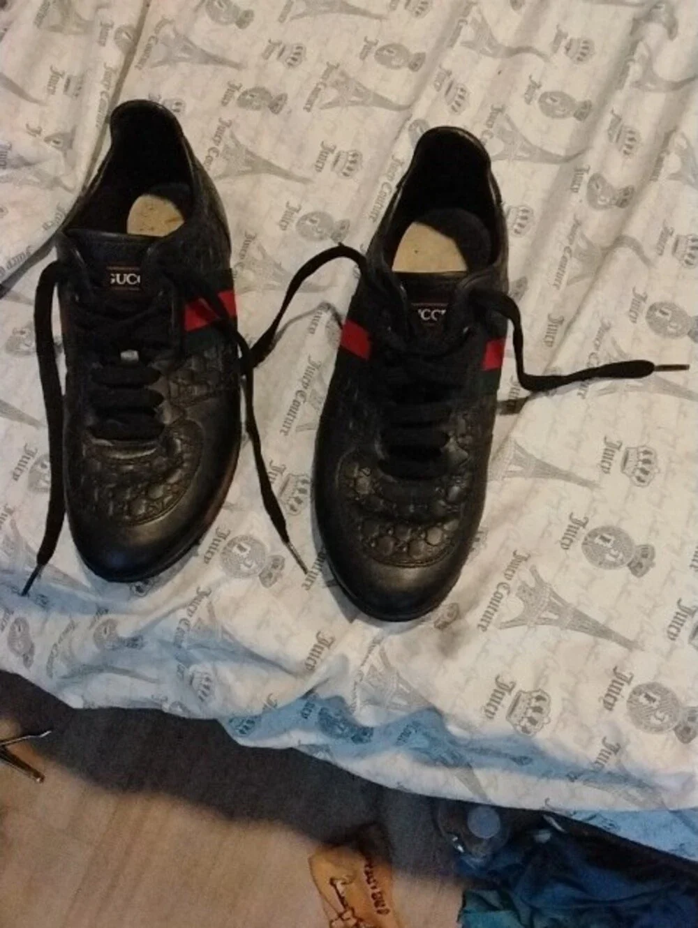 Gucci Black Leather Sneakers with Green and Red Web Stripe